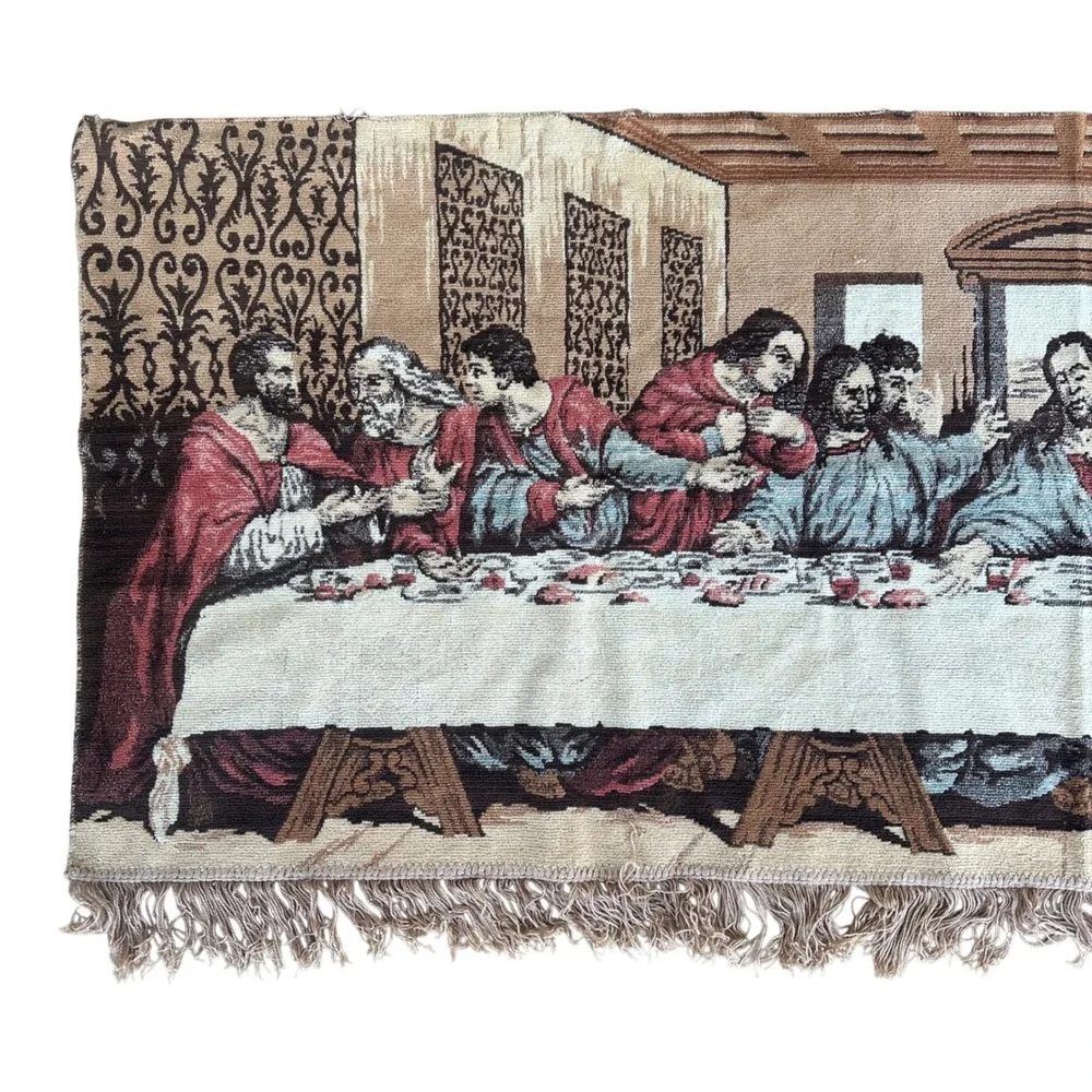 Vintage The Last Supper Woven Tapestry Wall Hanging Fringed Religious Art